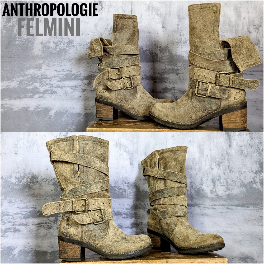 Anthropologie Felmini Gredo Cowboy Moto Biker Boot, Distressed Brown, Us 6.5